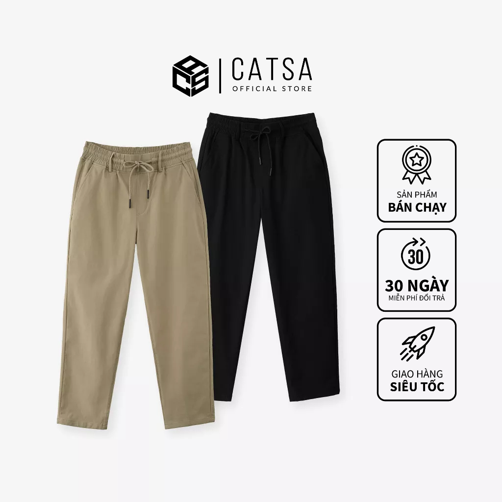 Quần jogger nam ống suông lưng thun, basic, vải dù nhẹ, thoáng mát đen, be CATSA QTJ039 - QTJ040