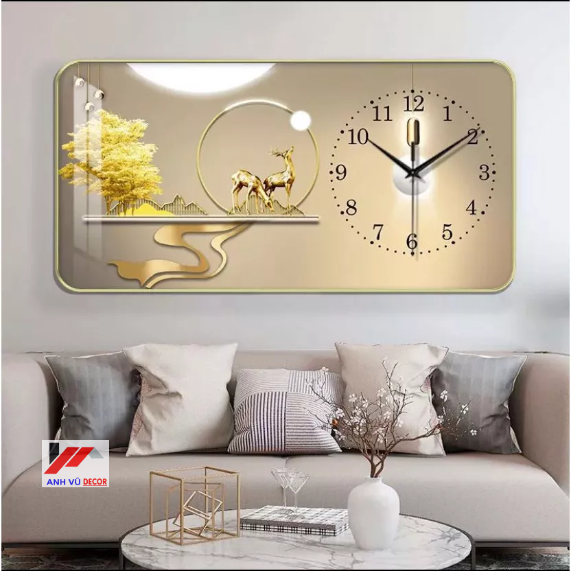 Đồng Hồ Tráng Gương Treo Tường "HƯƠU TUẦN LỘC" In UV 5D Cao Cấp, Trang Trí Nhà CỬa Làm Quà Tặng Tân Gia.Tặng Pin Và Đinh