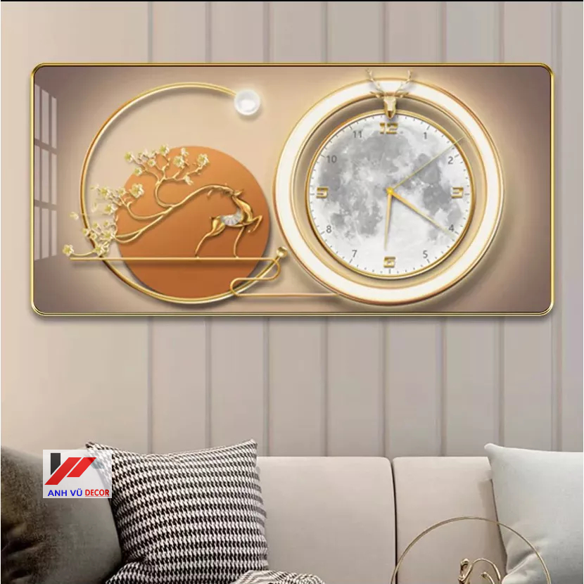Đồng Hồ Tráng Gương Treo Tường "HƯƠU TUẦN LỘC" In UV 5D Cao Cấp, Trang Trí Nhà CỬa Làm Quà Tặng Tân Gia.Tặng Pin Và Đinh