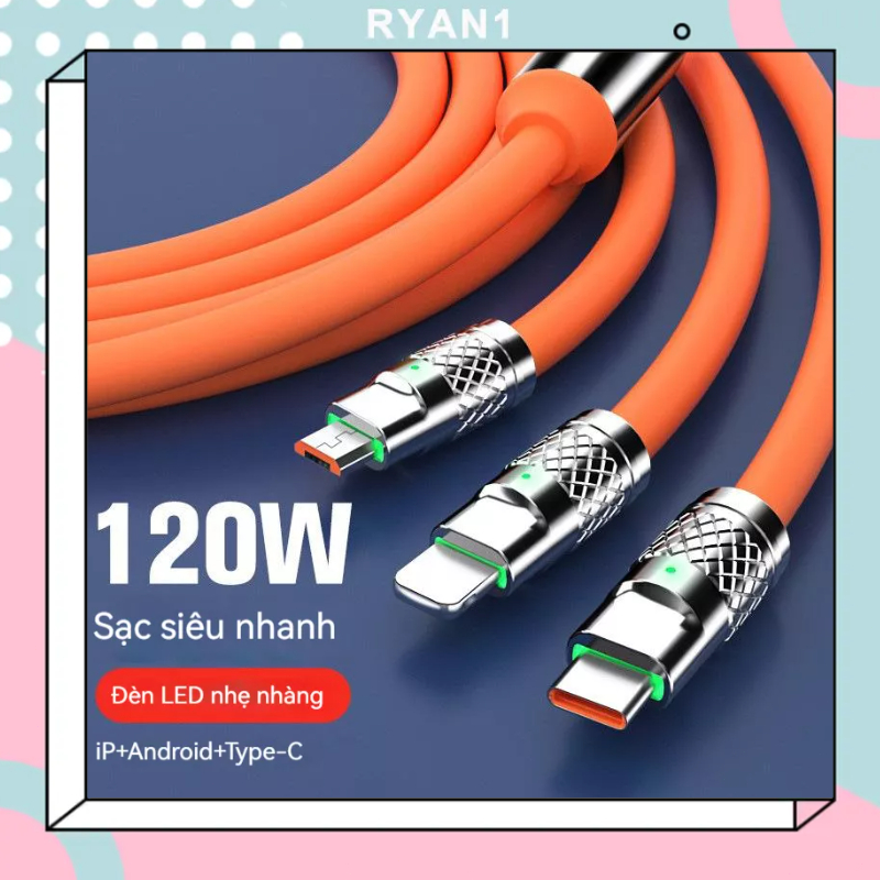 Cáp Sạc Nhanh 3 Trong 1 6A Cổng Type C Bằng Silicone Và Hợp Kim Kẽm-RN