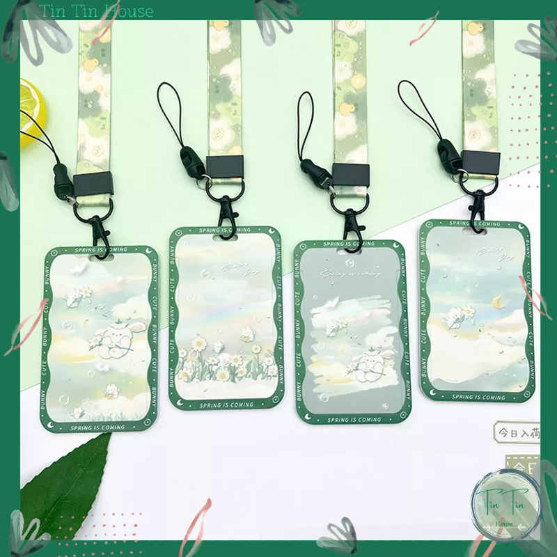 Dây đeo thẻ học sinh, sinh viên, nhân viên thiết kế dọc họa tiết dễ thương Rabbit và Hoa lá