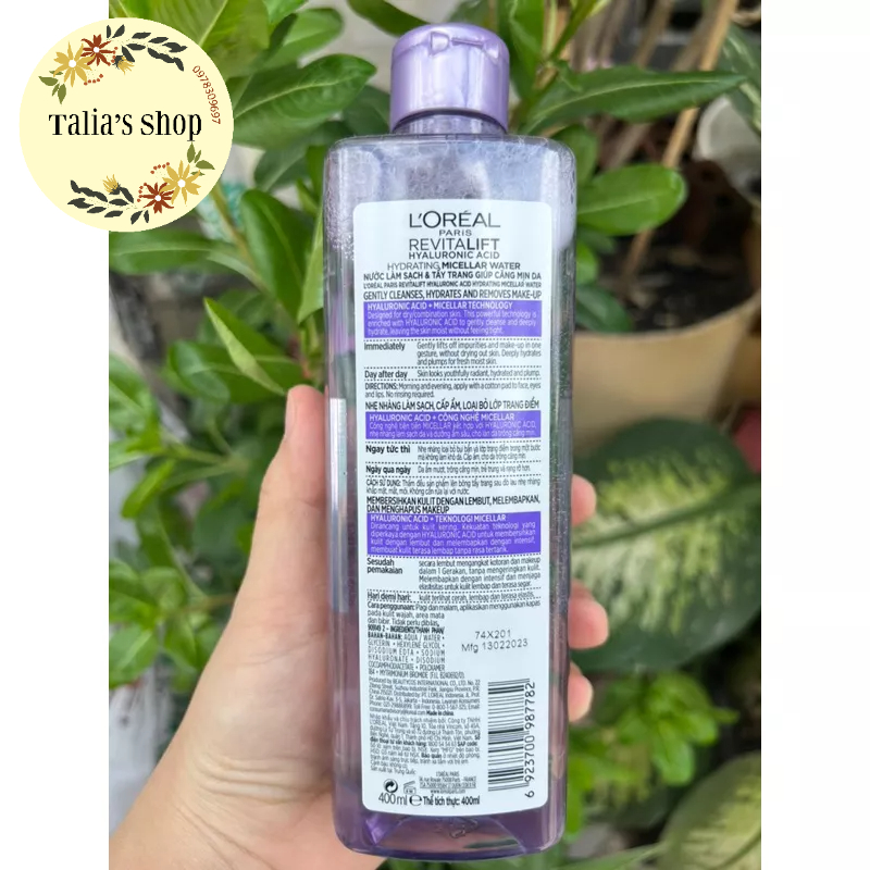 400ml-Nước Tẩy Trang Siêu Cấp Ẩm, Căng mịn da Loreal Revitalift Hyaluronic Acid Hydrating Micellar Water - TÍM