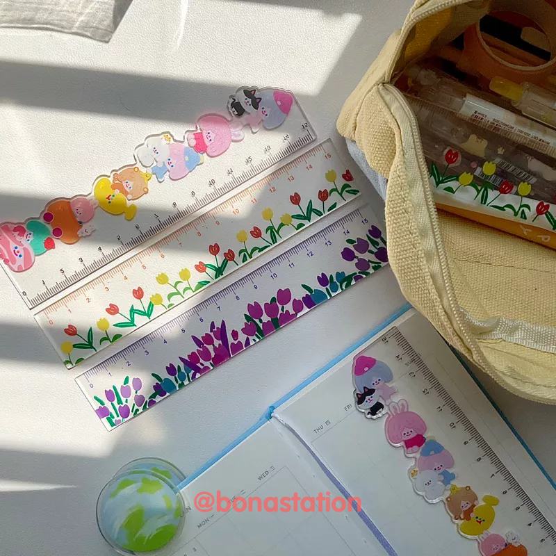 Thước kẻ acrylic trong suốt in hình hoa, hoạt hình dễ thương 15cm | BDT005