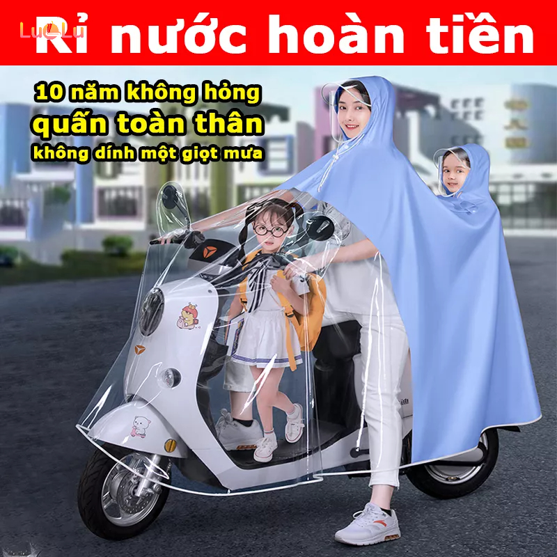 Áo mưa nửa trước trong suốt cho Mẹ và Bé, che phủ toàn thân, kèm kính chắn mưa gương che áo mưa nhanh khô