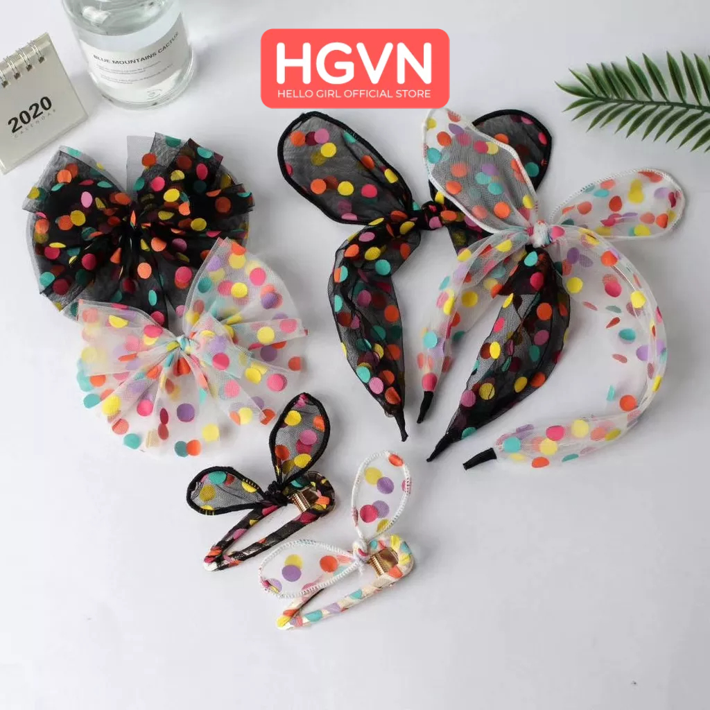 Băng Đô Lưới Màu Đỏ Chấm Bi Băng Đô Tai Thỏ Kẹp Nơ Đơn Giản Dễ Thương Cho Bé HGVN