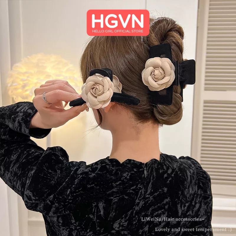 Kẹp Tóc Càng Cua Nhung Đen HGVN Đính Hoa Trà Cao Cấp Phong Cách Hàn Quốc Cỡ Lớn Dành Cho Nữ Hottrend 2023