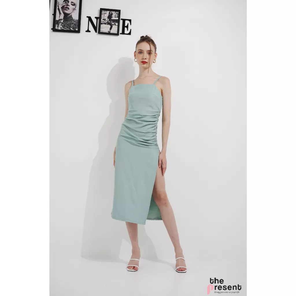 Đầm 2 dây có xếp ly bên sườn The Present màu xanh dương nhạt light blue
