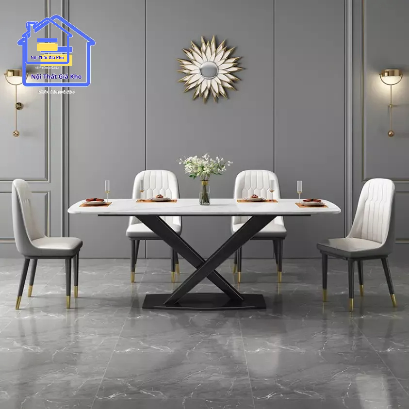 Bàn ăn mặt đá ceramic bóng chân chéo kết hợp ghế Monet