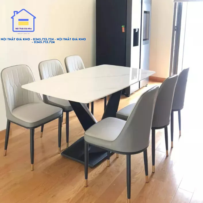 Bàn ăn mặt đá ceramic bóng chân chéo kết hợp ghế Monet