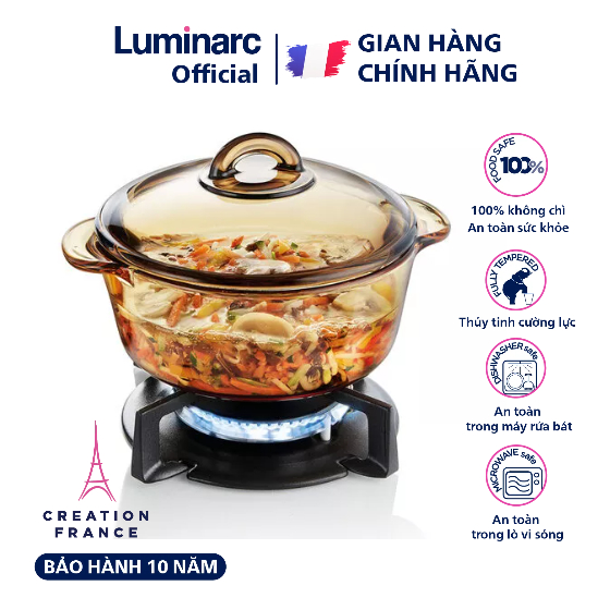 Nồi thủy tinh Luminarc Amberline 2L C6008 dùng bếp ga, hồng ngoại, bảo hành 10 năm | Hàng chính hãng