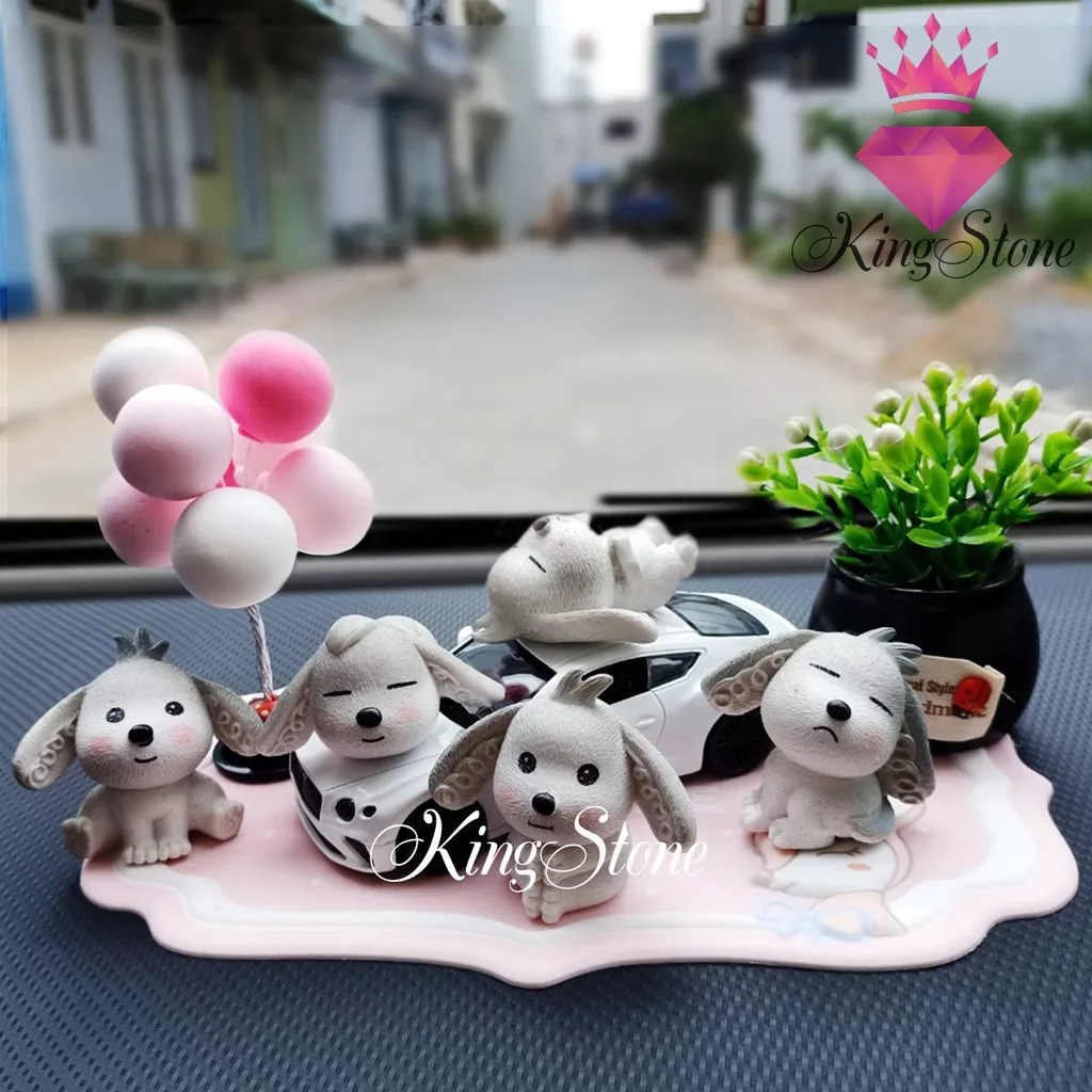 Phụ kiện xe hơi bộ 5 chú chó xám tai dài trang trí taplo, decor Phòng Ngủ Bàn Học - trang trí ô tô King Stone