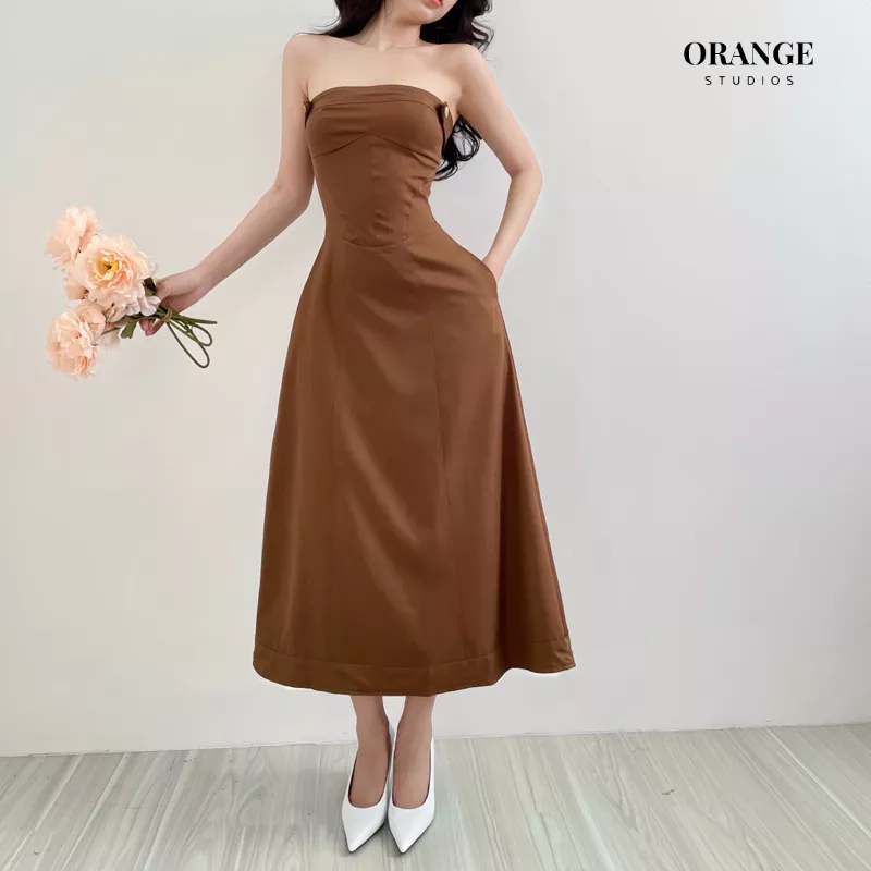 ( ORANGE STUDIOS ) HÌNH THẬT - Sẵn Hỏa Tốc - Dian Midi Dress - Đầm Thiết Kế Cúp Ngực Túi Xẻ Dáng Dài