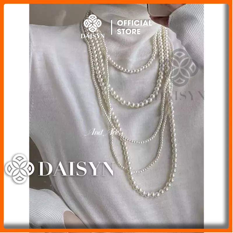 N391 vòng cổ hạt Trai, dây chuyền hạt bẹt 5 sợi dài nhiều kích cỡ hạt kiểu dáng sang trọng cho nữ