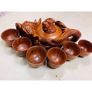 Bộ ấm chén rồng gỗ hương nguyên khối