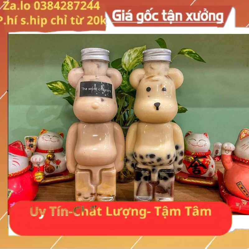chai gấu nhìn rất cute đựng trà sữa phí 38 lắp nhôm kèm lắp nhựa