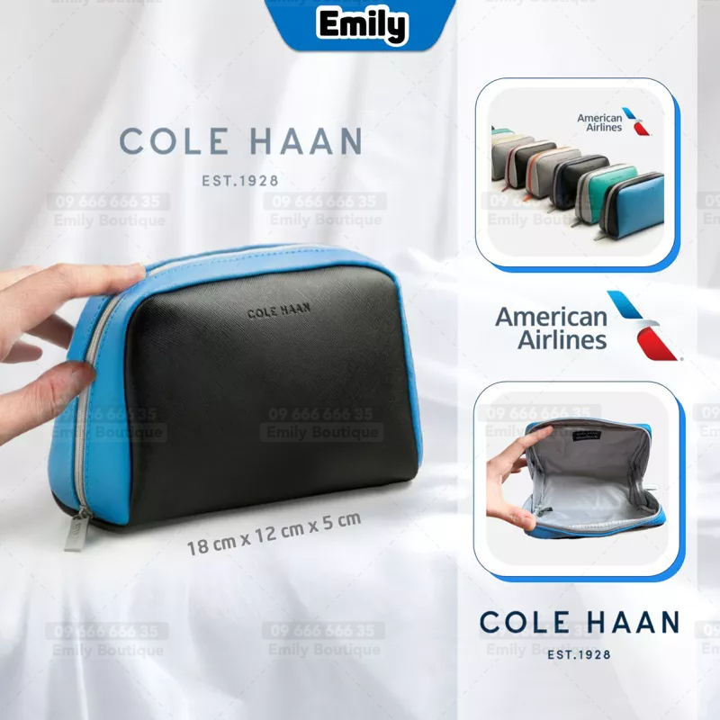 Túi Ví Cole Haan hạng bay thương gia American Airlines chất PU vân saffiano đựng đồ dùng cá nhân hàng không unisex