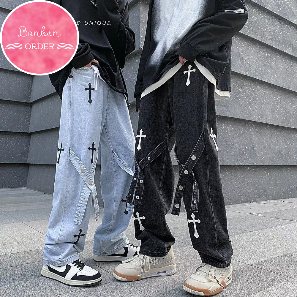 QUẦN JEAN ULZZANG ỐNG RỘNG HỌA TIẾT THÁNH GIÁ PHỐI KHUY
