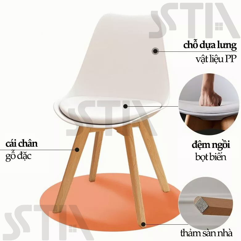 STA Ghế nhựa Eames cao cấp chân gỗ sồi và khung sắt, tải trọng lên tới 350 kg, nhiều màu sắc hiện đại