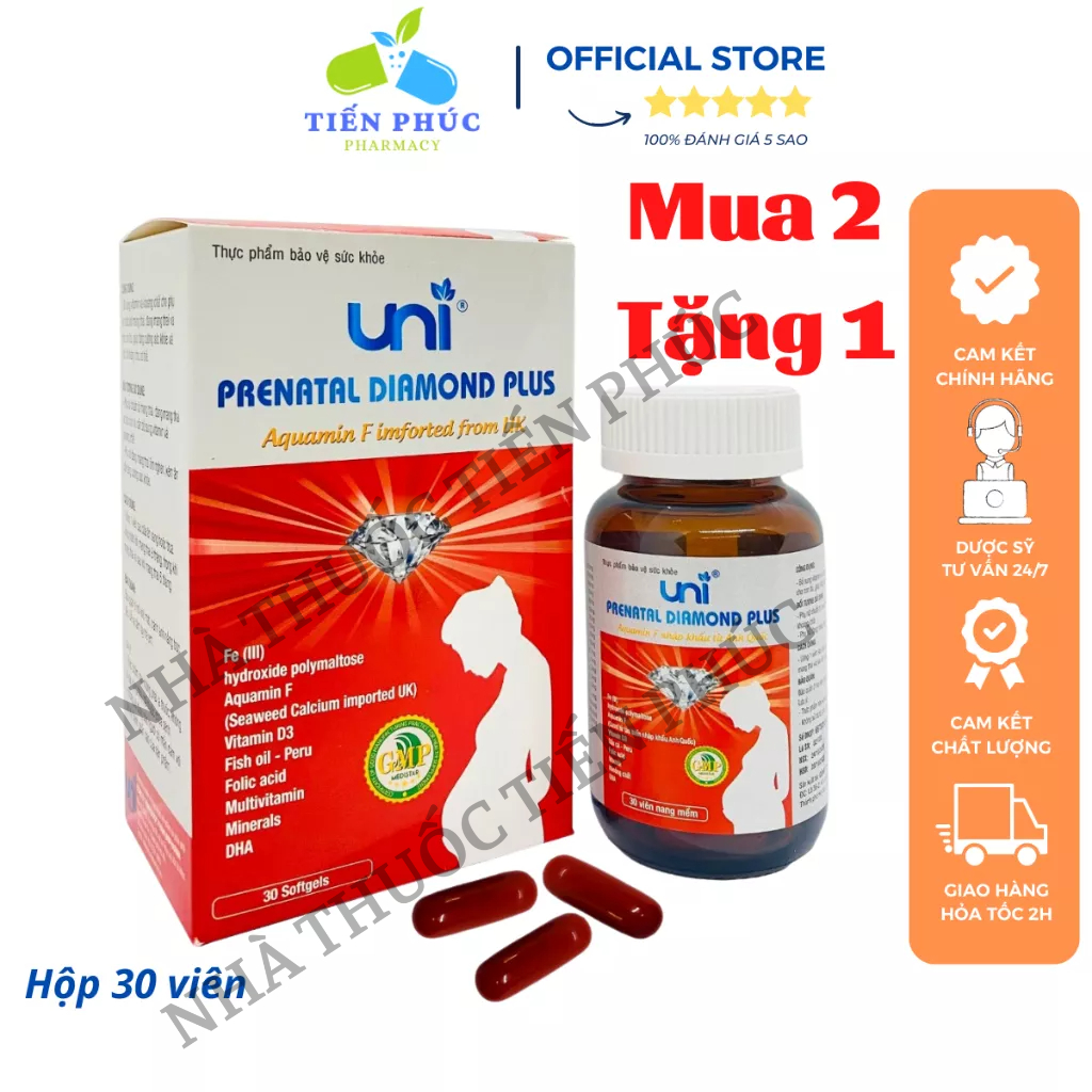 Uni Prenatal Dimond Plus - Bổ sung vitamin, khoáng chất cho phụ nữ mang thai Hộp 30 viên