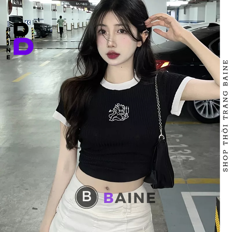 Áo Croptop Nữ DEVIL THÊU Chất Thun Borip Kiểu Sexy Nữ, Áo Thun Ôm Body Thêu Hoạ Tiết Đẹp Tôn Dáng BAINE