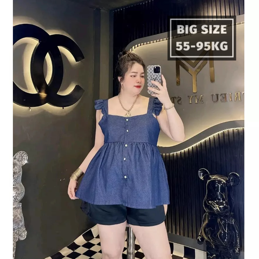 (60-90kg) Set đồ big size nữ áo babydoll vải jean kèm quần short tafta
