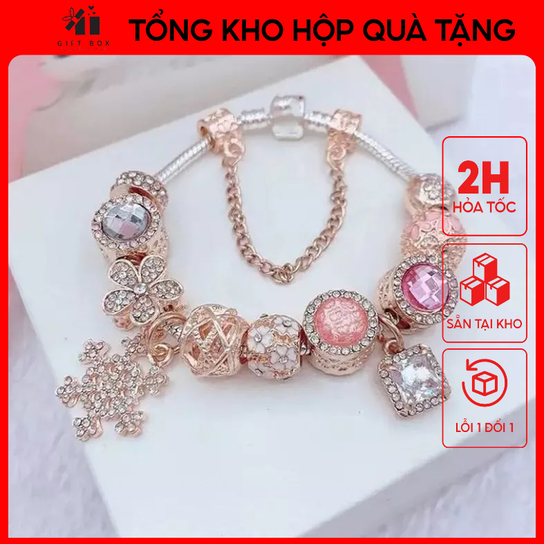 Vòng charm Pandora Đính Hạt Pha Lê Hoa Hồng, Giao hàng nhanh - P45