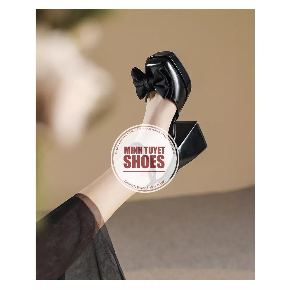 Giày cao gót nơ đế vuông 9cm mary jane mũi vuông da pu mờ li cao cấp minhtuyetshoes
