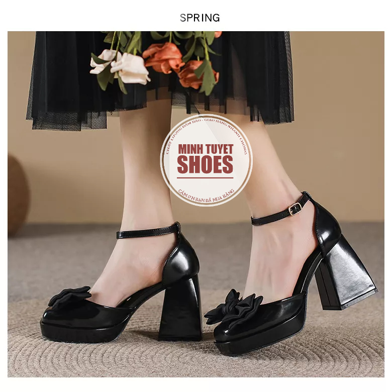 Giày cao gót nơ đế vuông 9cm mary jane mũi vuông da pu mờ li cao cấp minhtuyetshoes