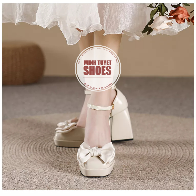 Giày cao gót nơ đế vuông 9cm mary jane mũi vuông da pu mờ li cao cấp minhtuyetshoes