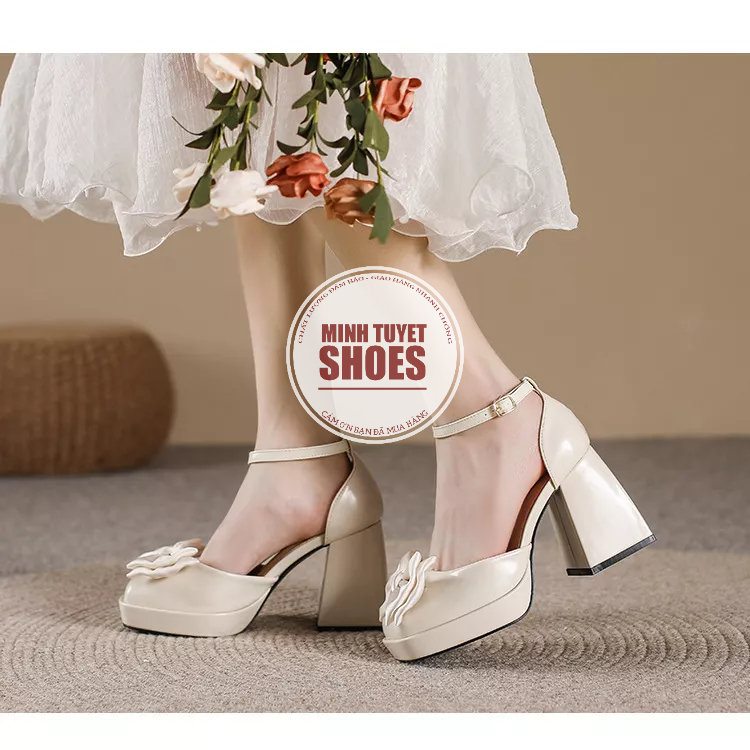 Giày cao gót nơ đế vuông 9cm mary jane mũi vuông da pu mờ li cao cấp minhtuyetshoes