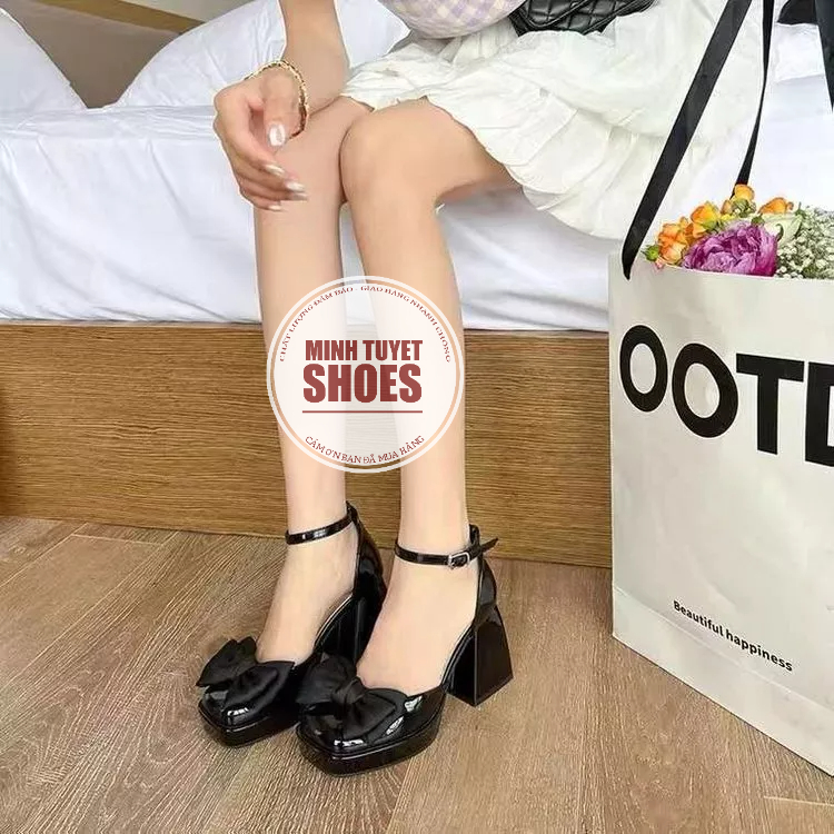 Giày cao gót nơ đế vuông 9cm mary jane mũi vuông da pu mờ li cao cấp minhtuyetshoes