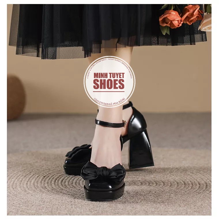 Giày cao gót nơ đế vuông 9cm mary jane mũi vuông da pu mờ li cao cấp minhtuyetshoes