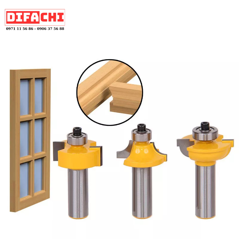 Bộ 3 mũi phay gỗ, mũi soi ghép mộng phào chỉ cửa kính cốt 12mm và 12.7mm