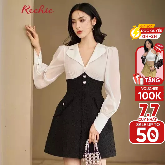RECHIC Đầm Ngắn Aube cổ chữ V có lá cổ tay dài Tweed phối voan ánh kim sang trọng đi tiệc đi chơi