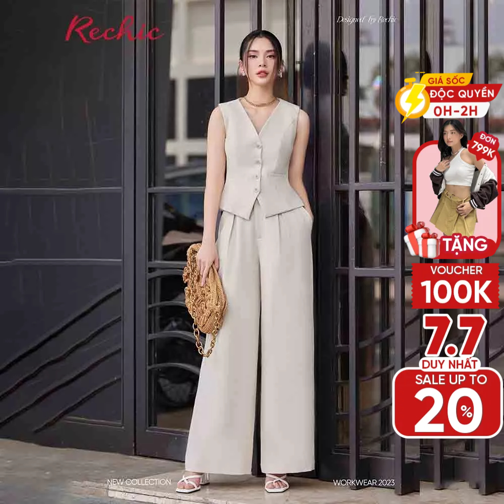 RECHIC Áo vest nữ Cindy trơn form ôm nút gài cổ V cá tính sang trọng thanh lịch