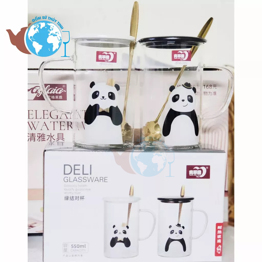 Cặp ly thủy tinh tình yêu chịu nhiệt hình gấu trúc / Bộ 2 ly thủy tinh 550ml chịu nhiệt nắp bằng sứ có tặng kèm muỗng