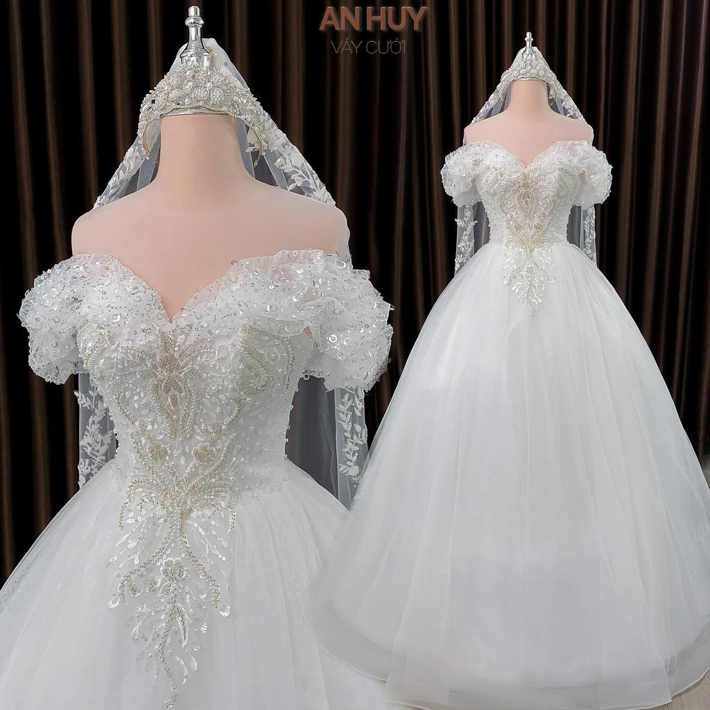 Váy cưới không cổ có tay phồng ngắn kiểu Váy cưới trơn dáng xuông đơn giản trễ vai 141