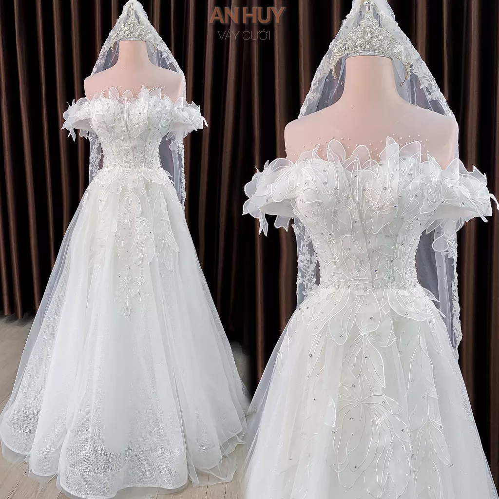 váy cưới chữ A from boho trễ vai ren korea cho đám cưới mùa hè maxi chụp concept mã 149