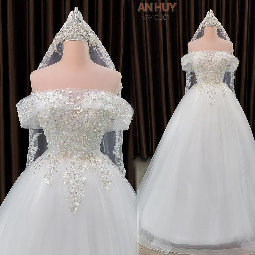 Váy cưới kết ren quyến rũ với tay áo vai ngang lãng mạng nhẹ nhàng đơn giản đi bàn mã 145