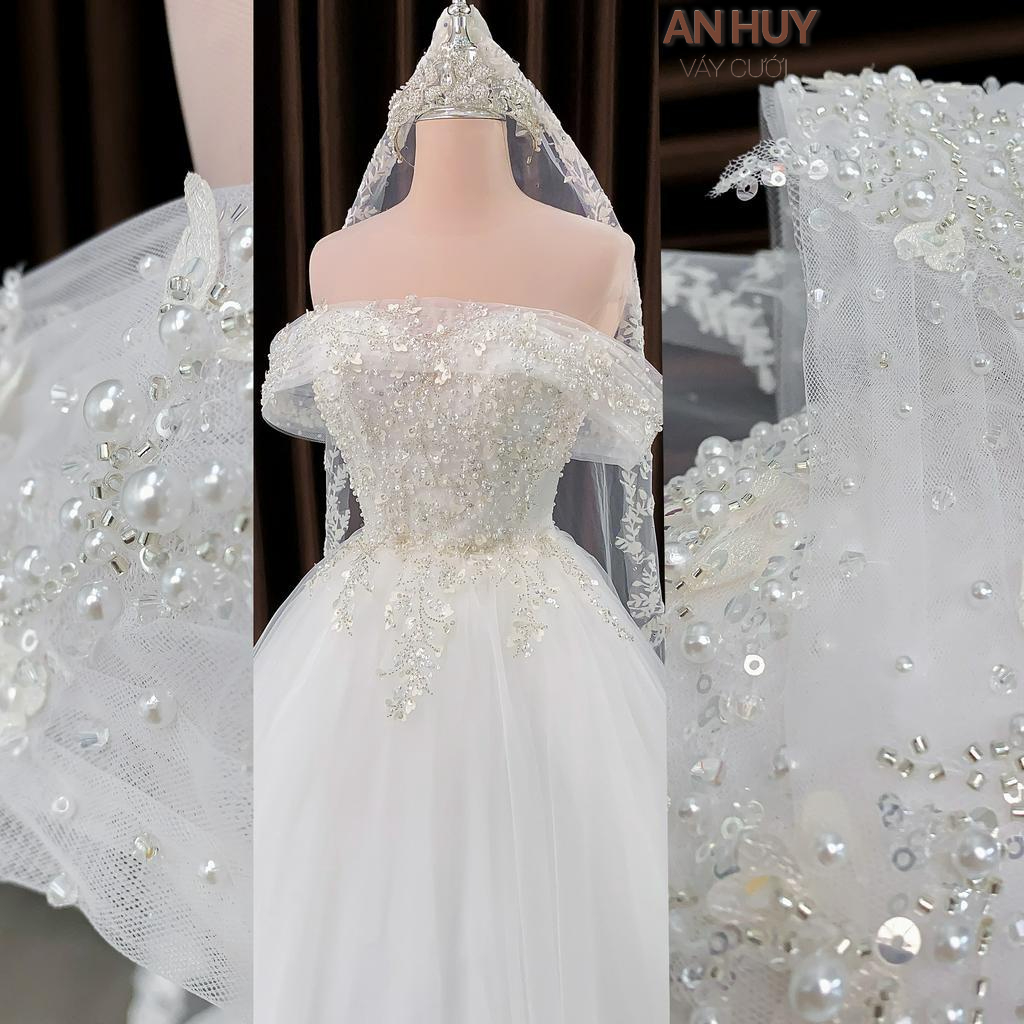 Váy cưới kết ren quyến rũ với tay áo vai ngang lãng mạng nhẹ nhàng đơn giản đi bàn mã 145