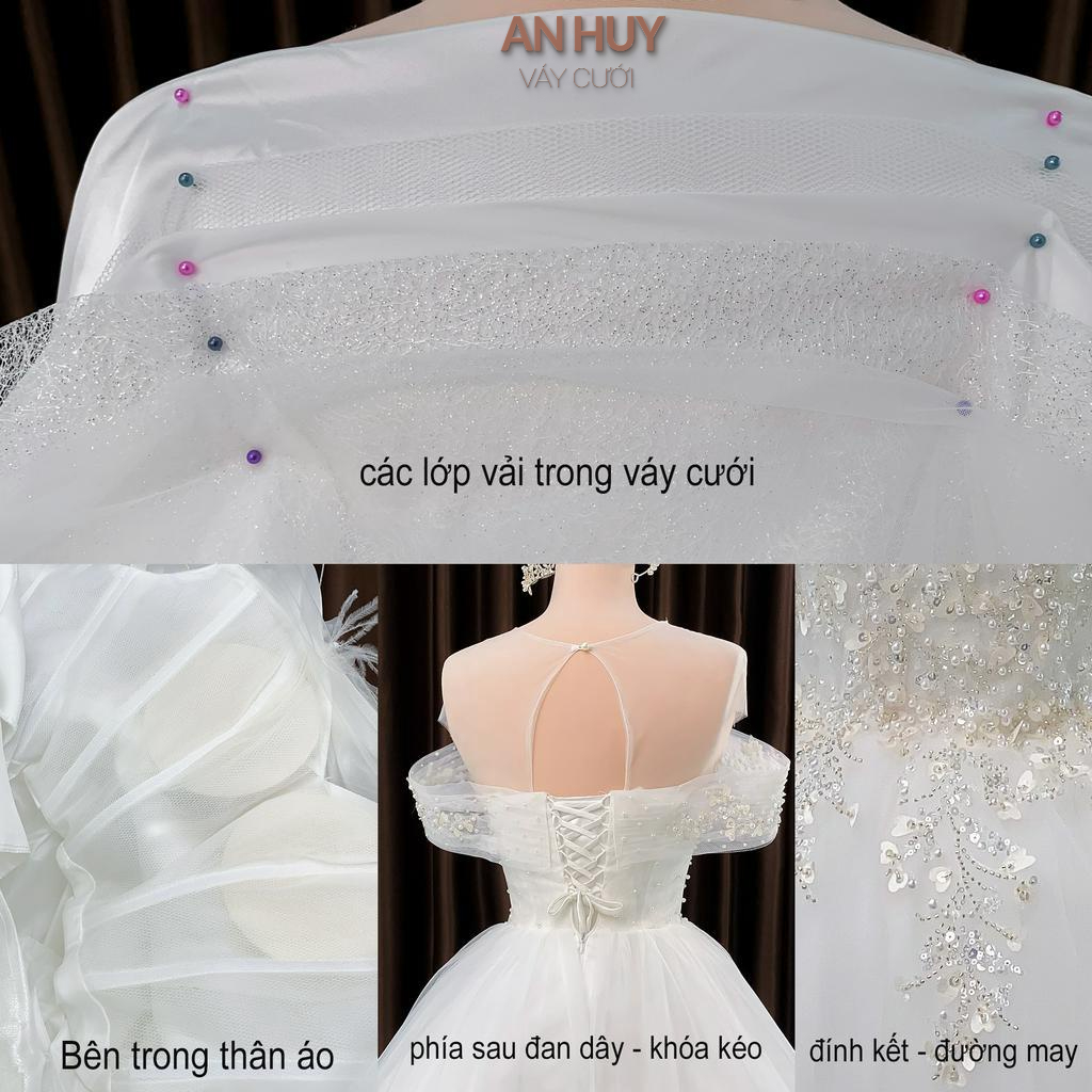 Váy cưới kết ren quyến rũ với tay áo vai ngang lãng mạng nhẹ nhàng đơn giản đi bàn mã 145