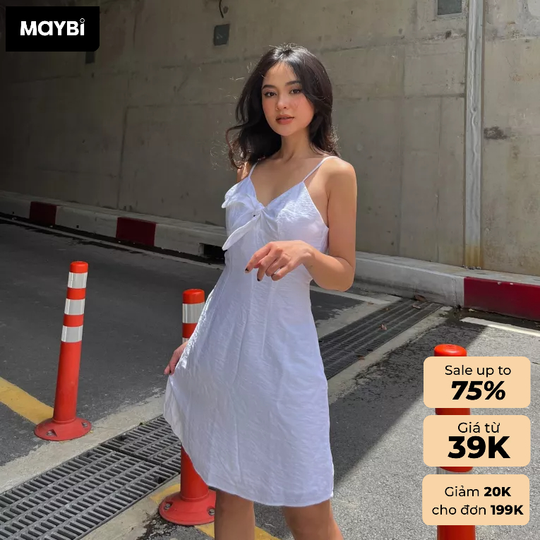 Đầm 2 dây ôm linen trắng phối nơ