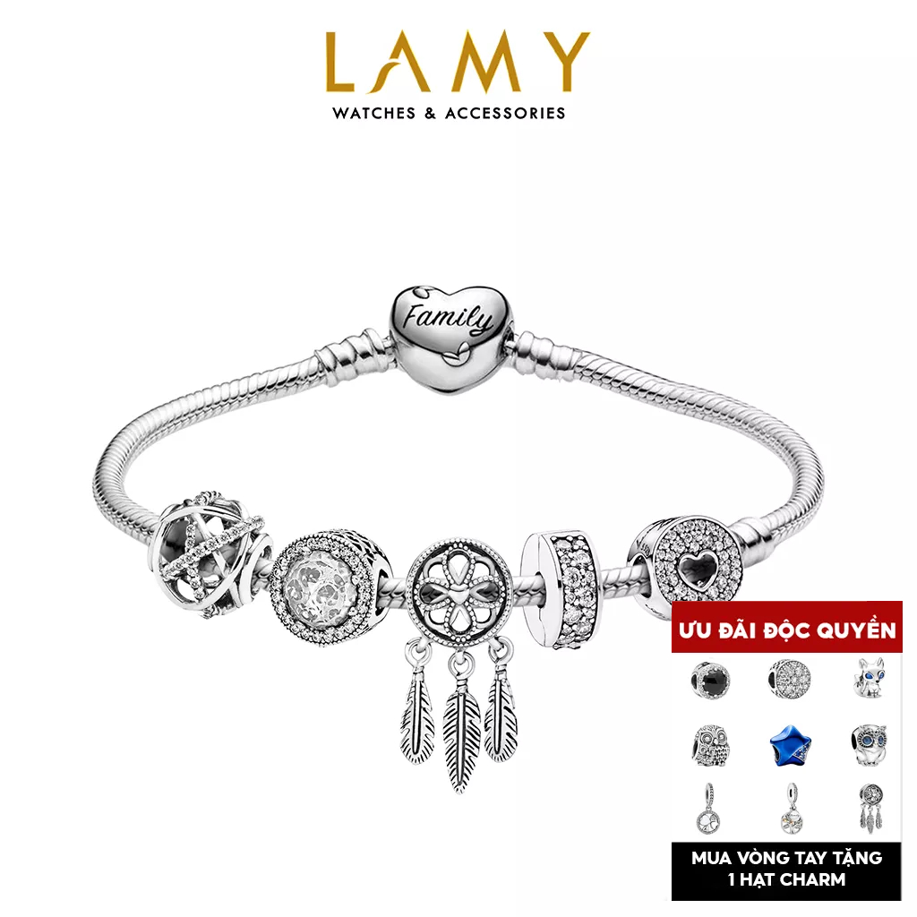 Vòng tay mềm bạc CDE với khoá trái tim cùng các charm đá tinh hoa lấp lánh