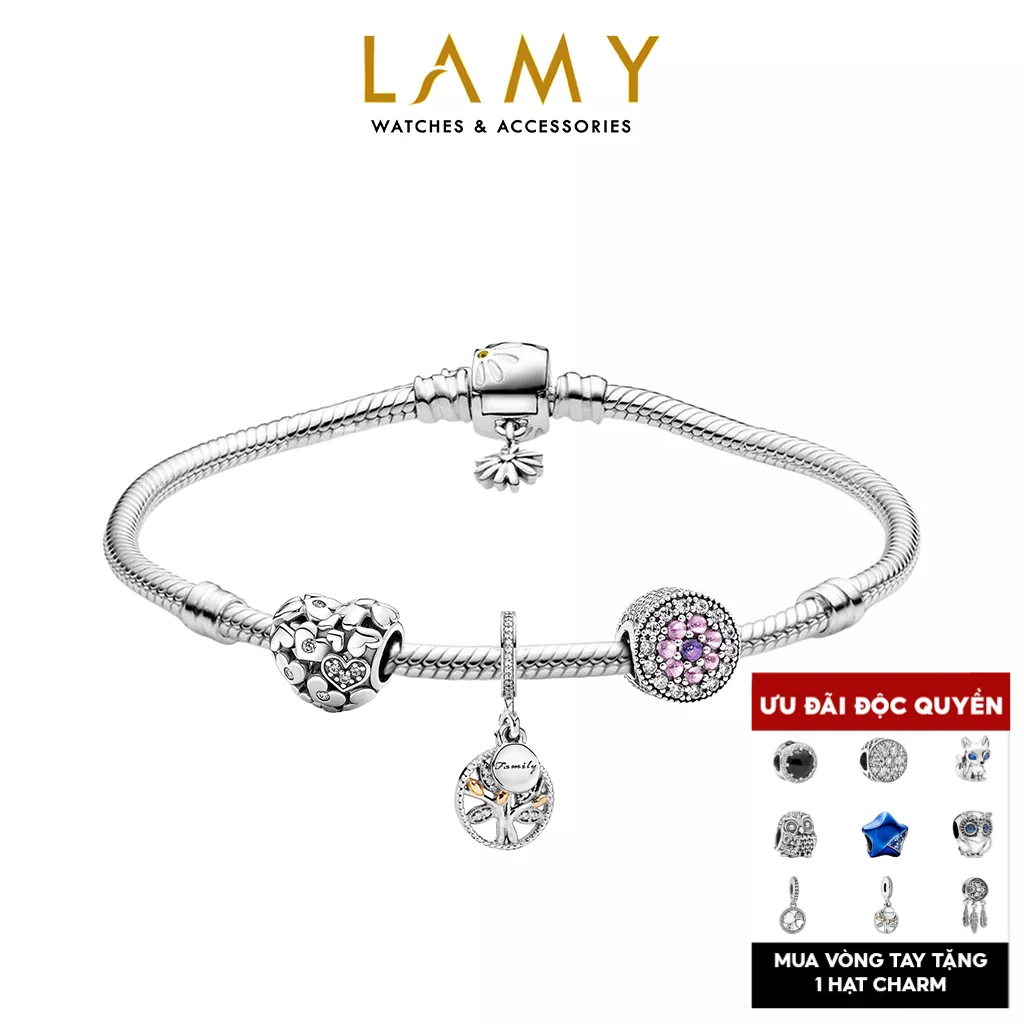 Vòng tay mềm bạc CDE với khoá hoa cúc cùng charm khóa trái tim kèm charm cỏ 4 lá may mắn và charm bạc hoa rực rỡ