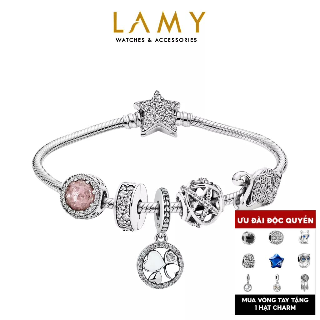 Vòng tay mềm bạc CDE với khoá ngôi sao cùng các charm đính đá huyền ảo và charm treo cỏ 4 lá may mắn
