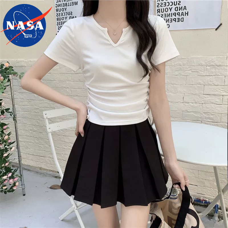 Áo croptop nữ dây rút eo cổ v màu trơn đen trắng bigsize Phong Cách Retro Mỹ Cho Nữ Nasa Space