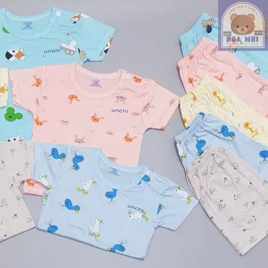 Bộ Thun Lạnh Vai Màu Cho Bé, Bộ Thun Lạnh Tay Ngắn Unchi Cho Bé Từ 3 Tháng - 4 Tuổi