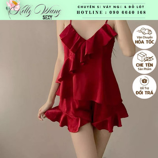 SX958 - Đồ bộ ngủ lụa Sexy gợi cảm phối bèo đáng yêu - đồ bộ bèo tiểu thư - KellyWang