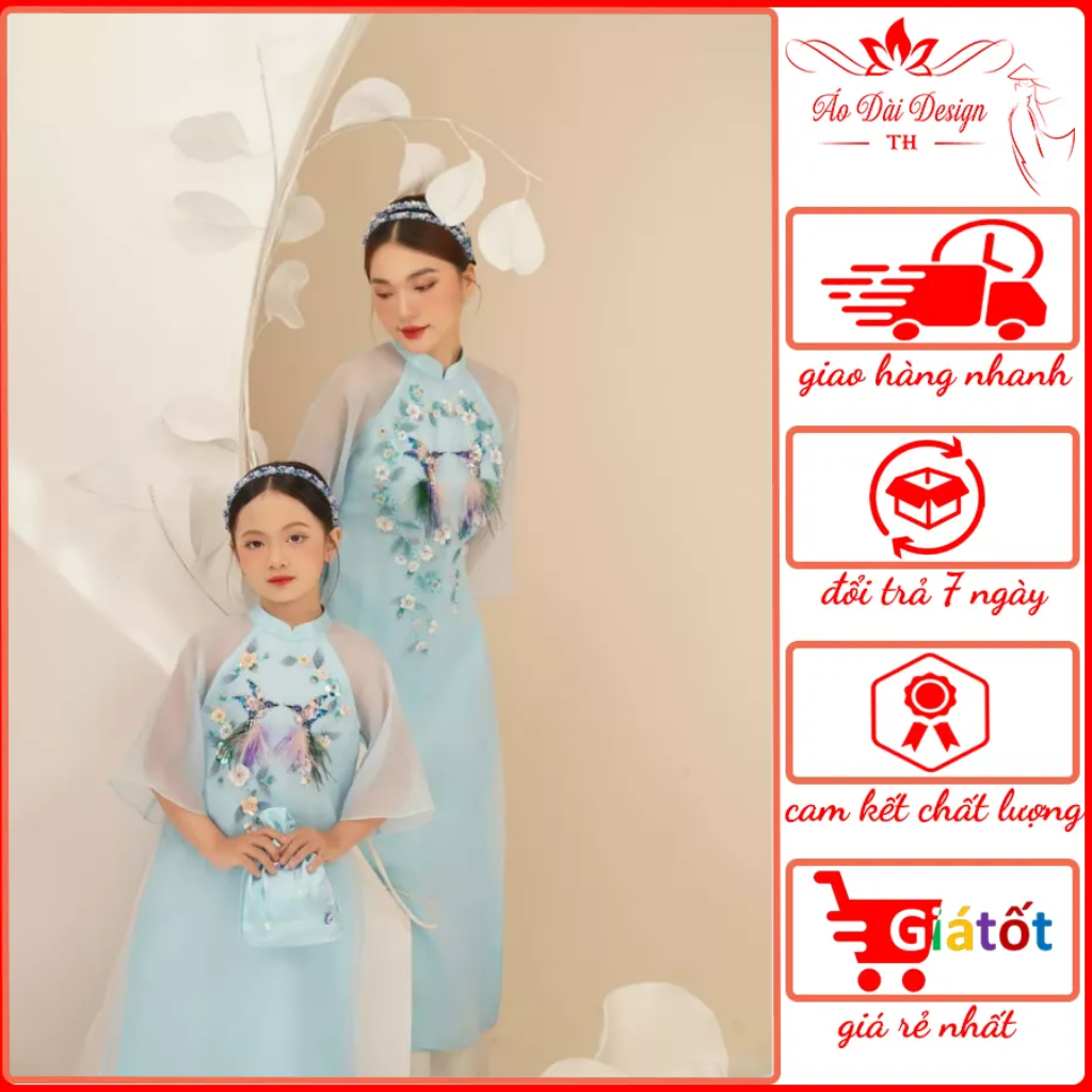 Set áo dài mẹ và bé vải organza xanh đính kết thủ công cao cấp TH500
