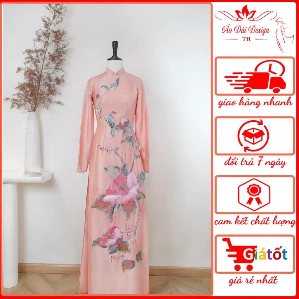 Áo dài cách tân lụa vân gỗ cao cấp - họa tiết thêu - Áo dài Thu Hà Silk - TH459
